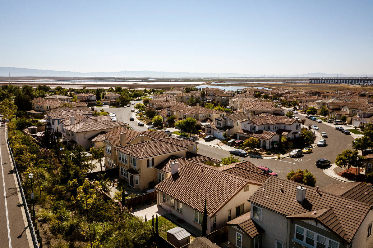Aerial shot of homes in a southern california coastal neighborhood