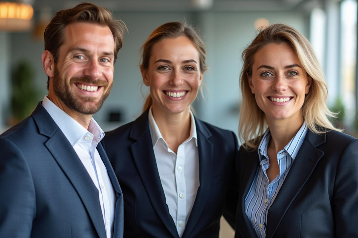 Three smiling people in suits